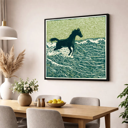 Wild Coastal Canter beach horse wall art displayed in a dining room