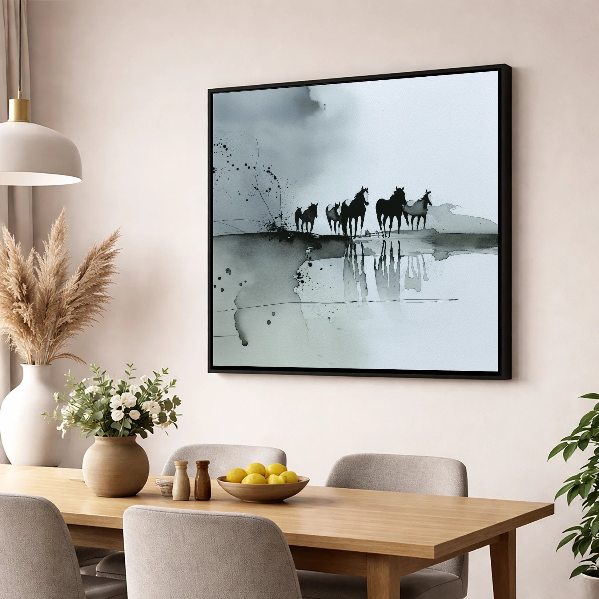 Reflections of the Wild Herd wild horses wall art displayed in a dining room