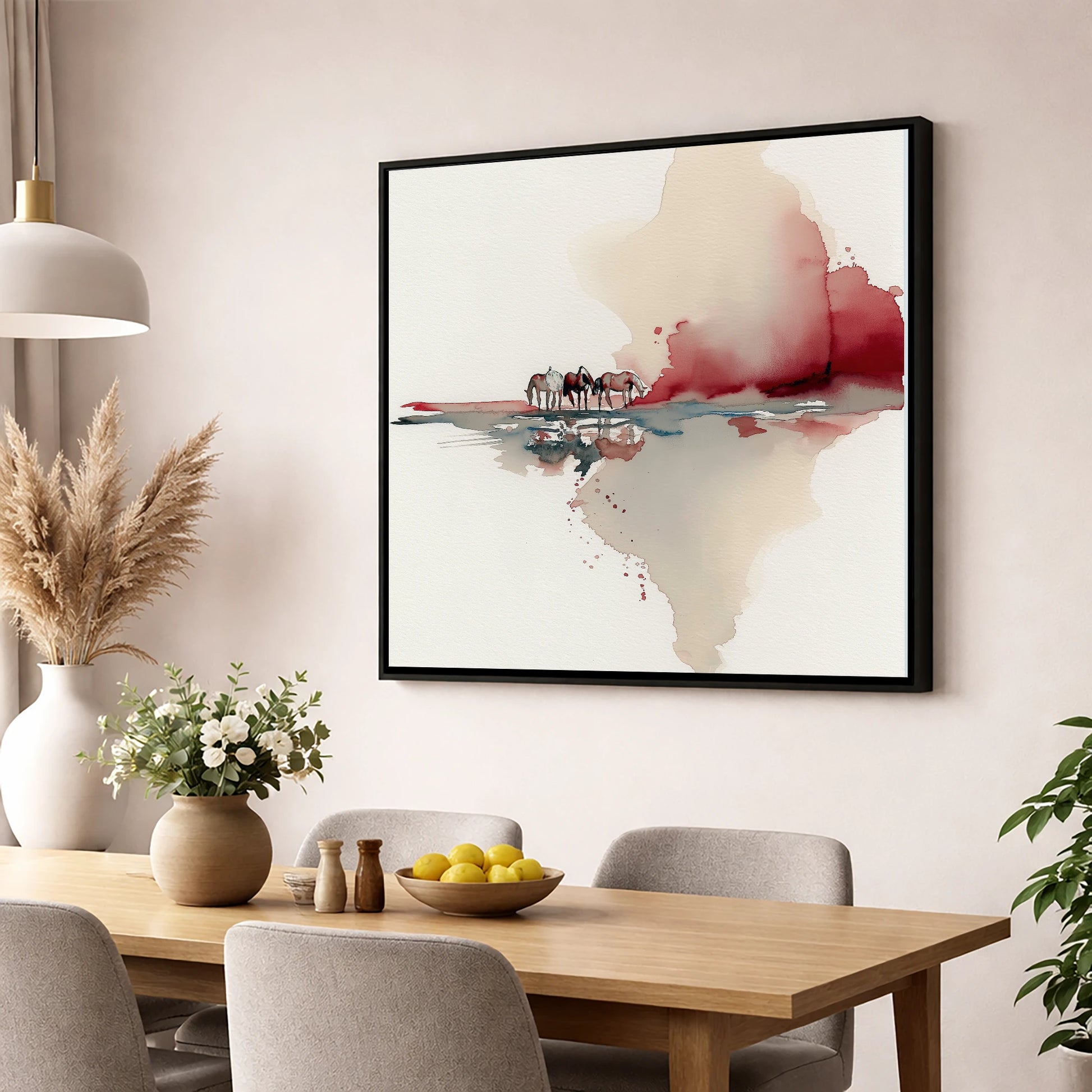 Crimson Reflections horse landscape wall art displayed in a dining room