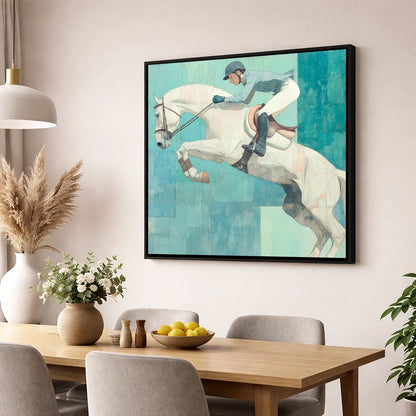 Airborne in Aquamarine show jumping horse wall art displayed in a dining room