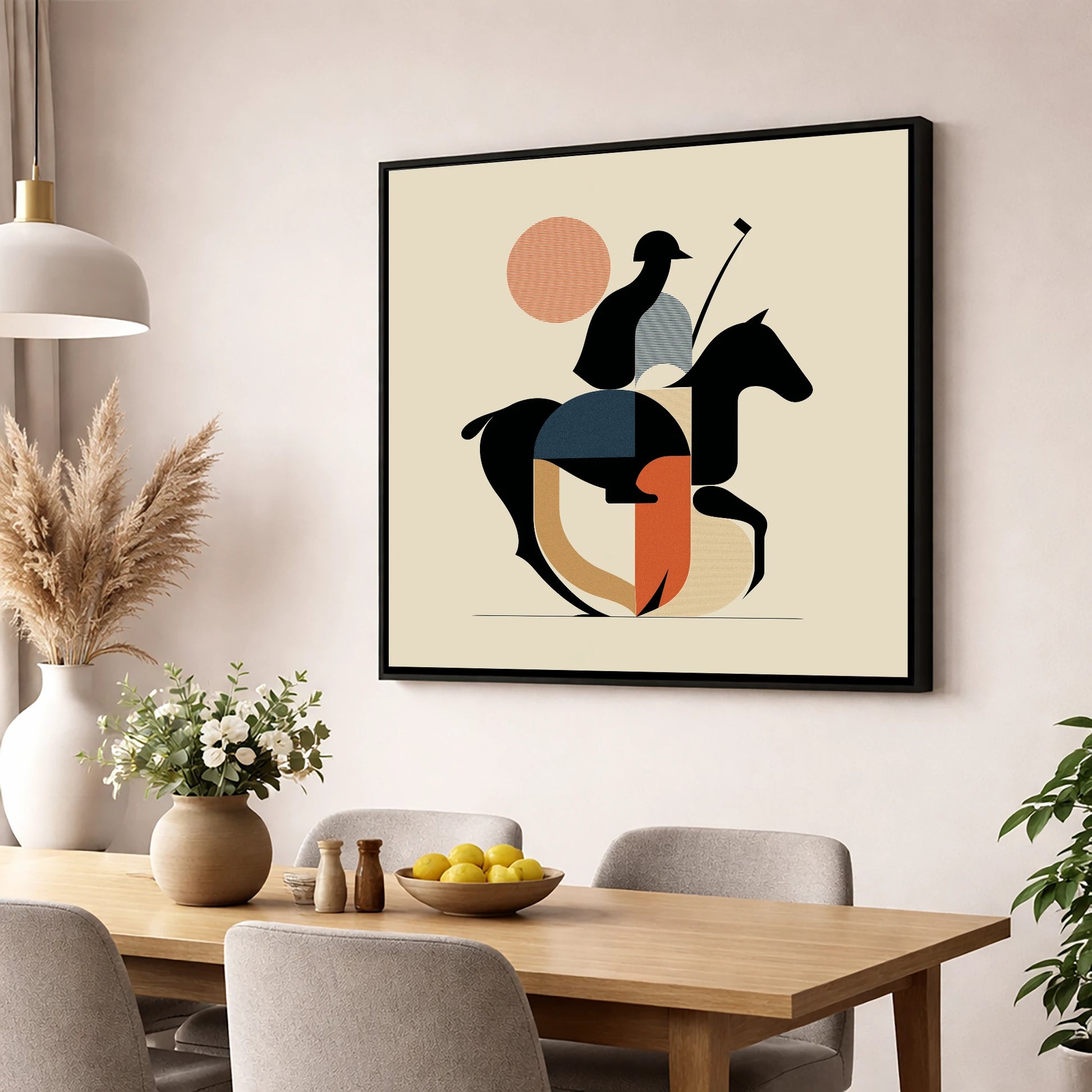 Mid-Century Polo Match polo horse wall art displayed in a dining room