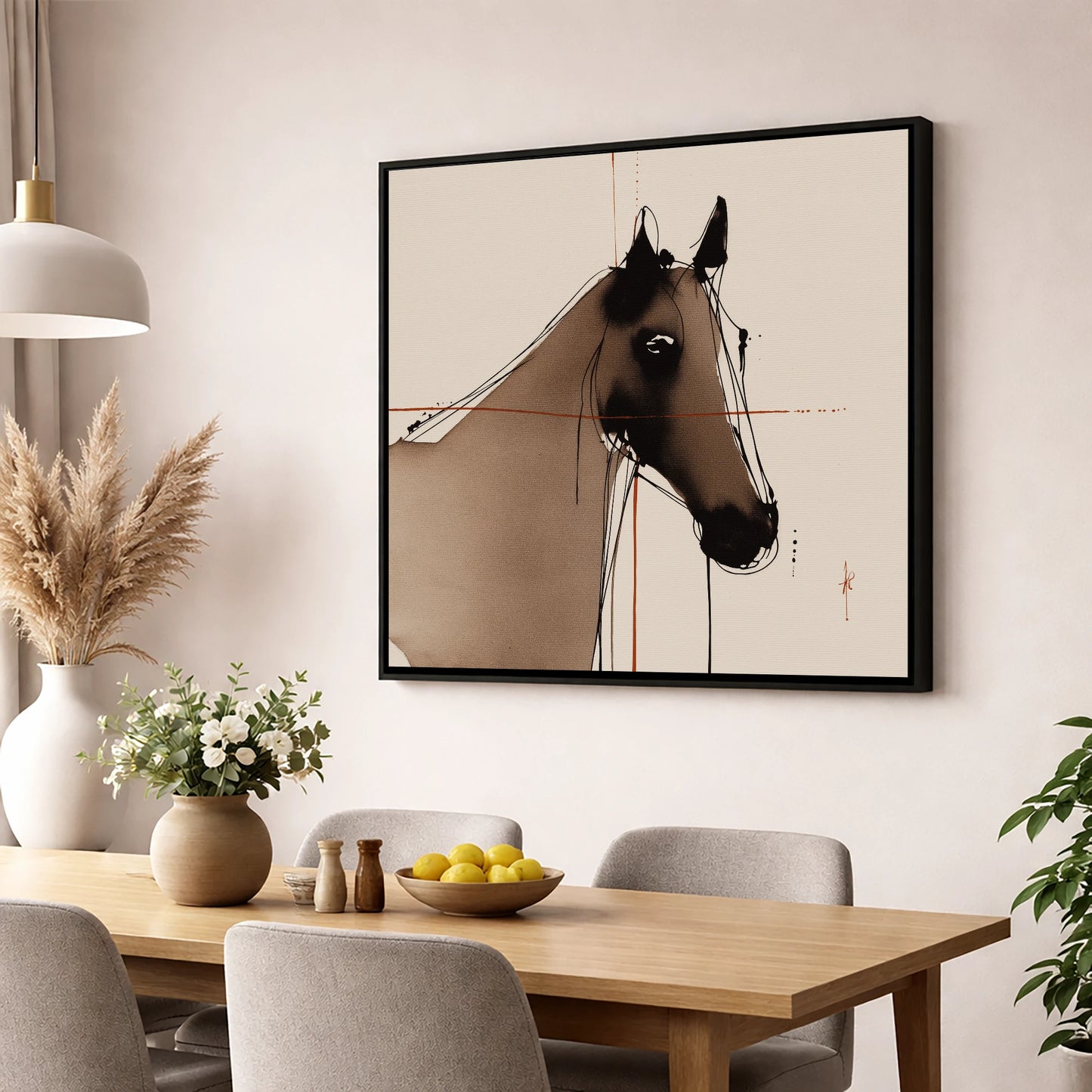 Sepia Equine Silhouette horse portrait wall art displayed in a dining room