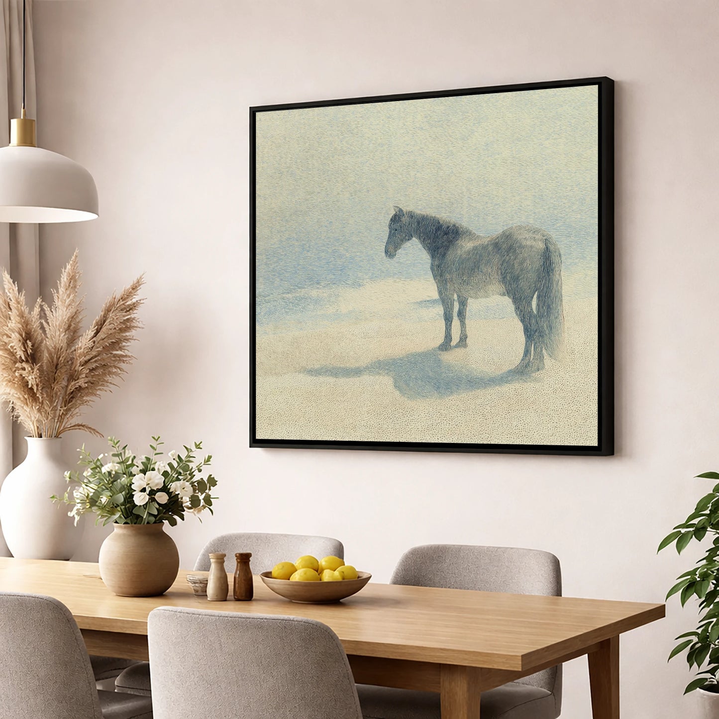 Stillness in Slate horse landscape wall art displayed in a dining room