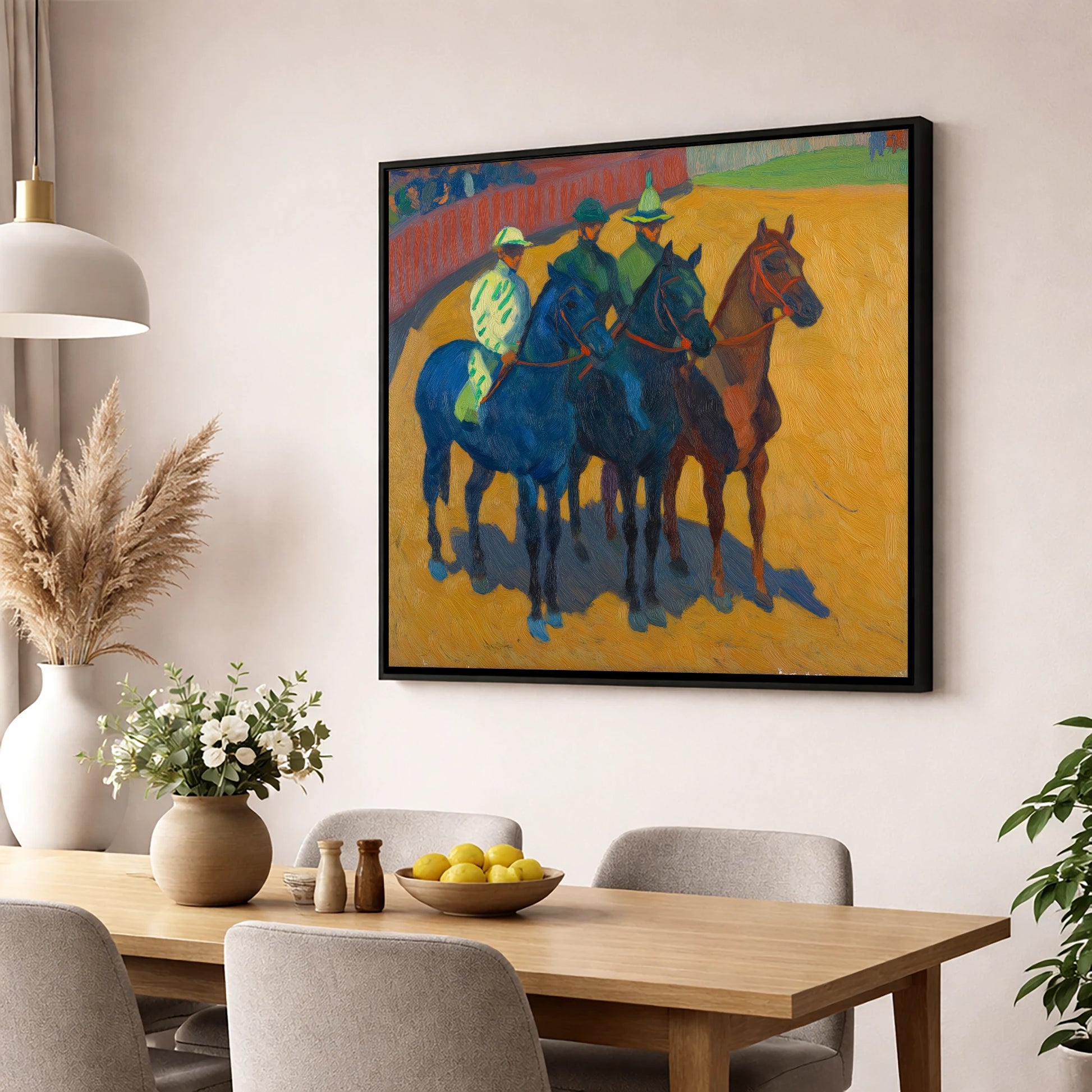 Anticipation in the Ring racing horse wall art displayed in a dining room