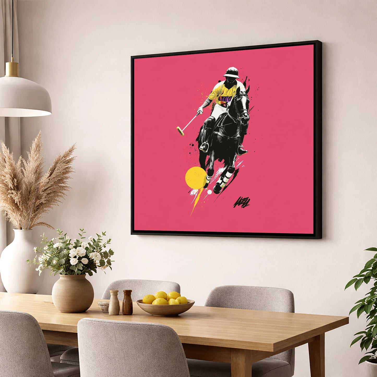 Magenta Chukka polo horse wall art displayed in a dining room