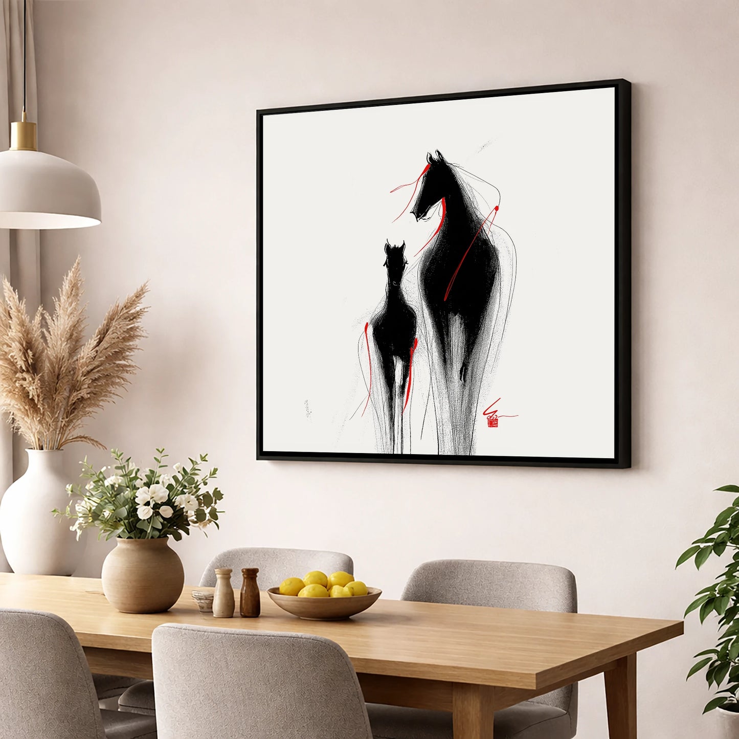 Crimson Threads mare & foal wall art displayed in a dining room