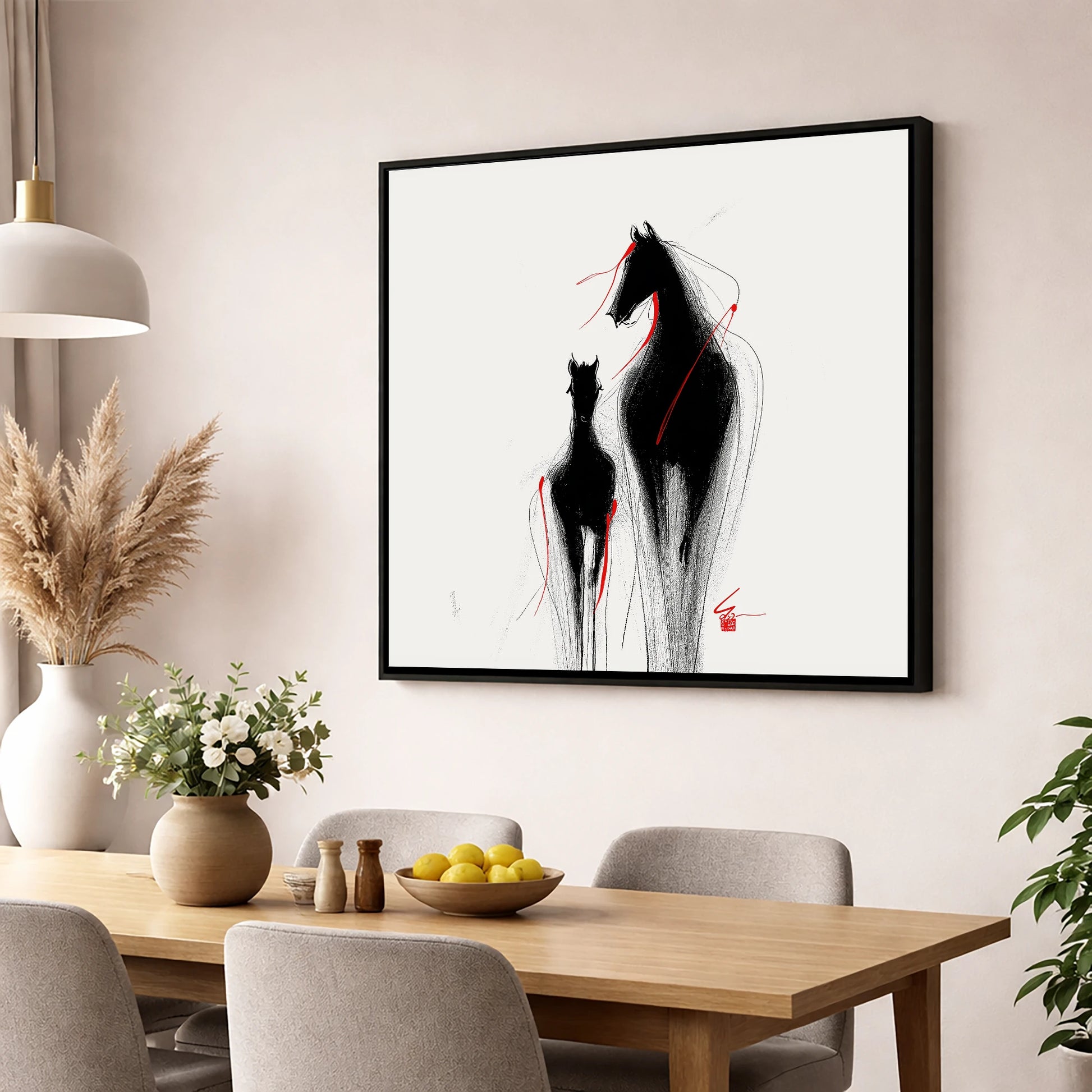 Crimson Threads mare & foal wall art displayed in a dining room