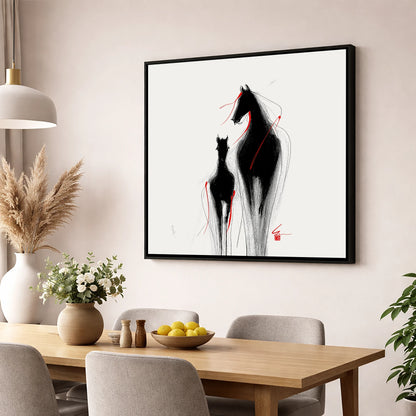 Crimson Threads mare & foal wall art displayed in a dining room