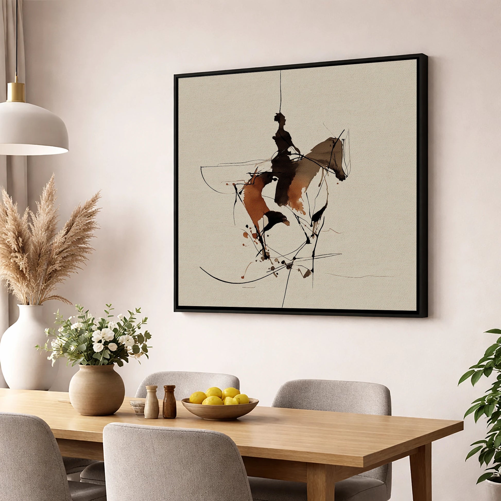 Dynamic Equestrian Harmony horse & rider wall art displayed in a dining room