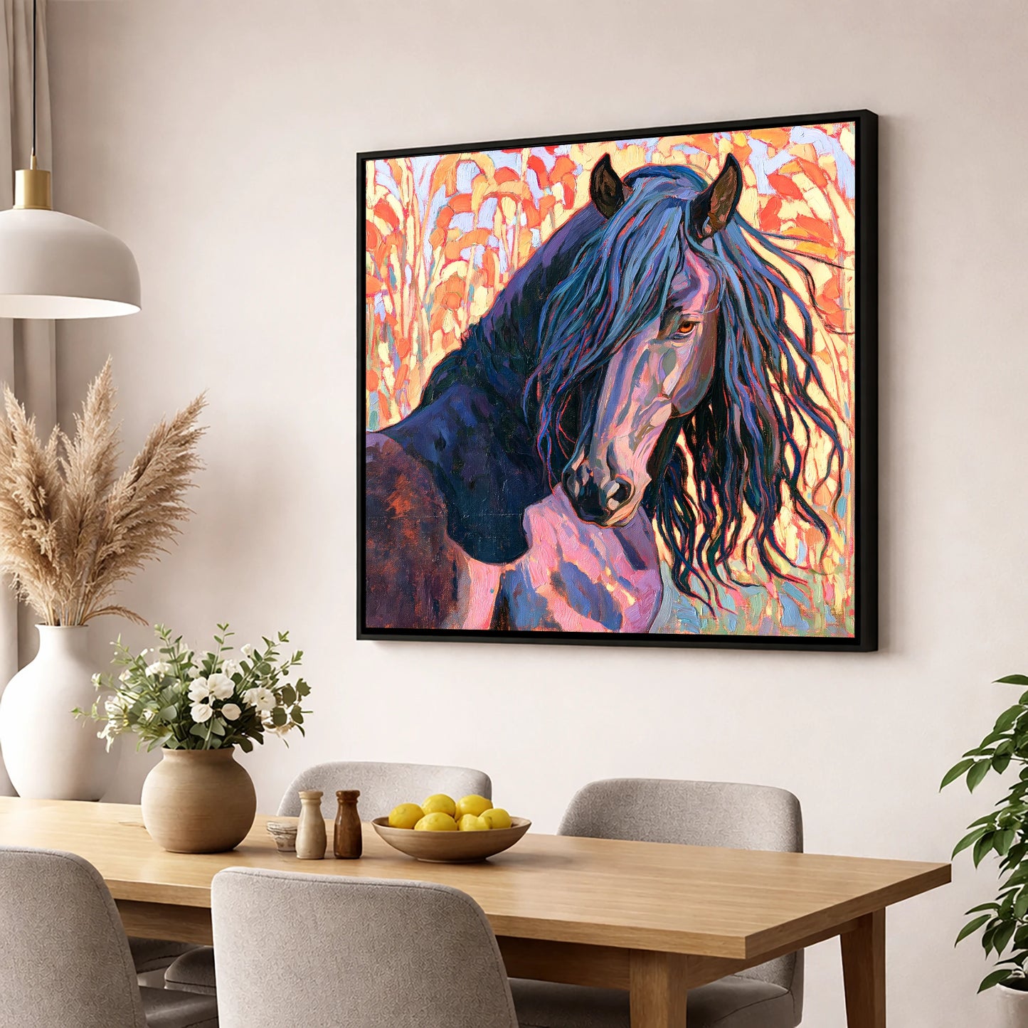 Colourful Friesian Horse Portrait horse breed wall art displayed in a dining room