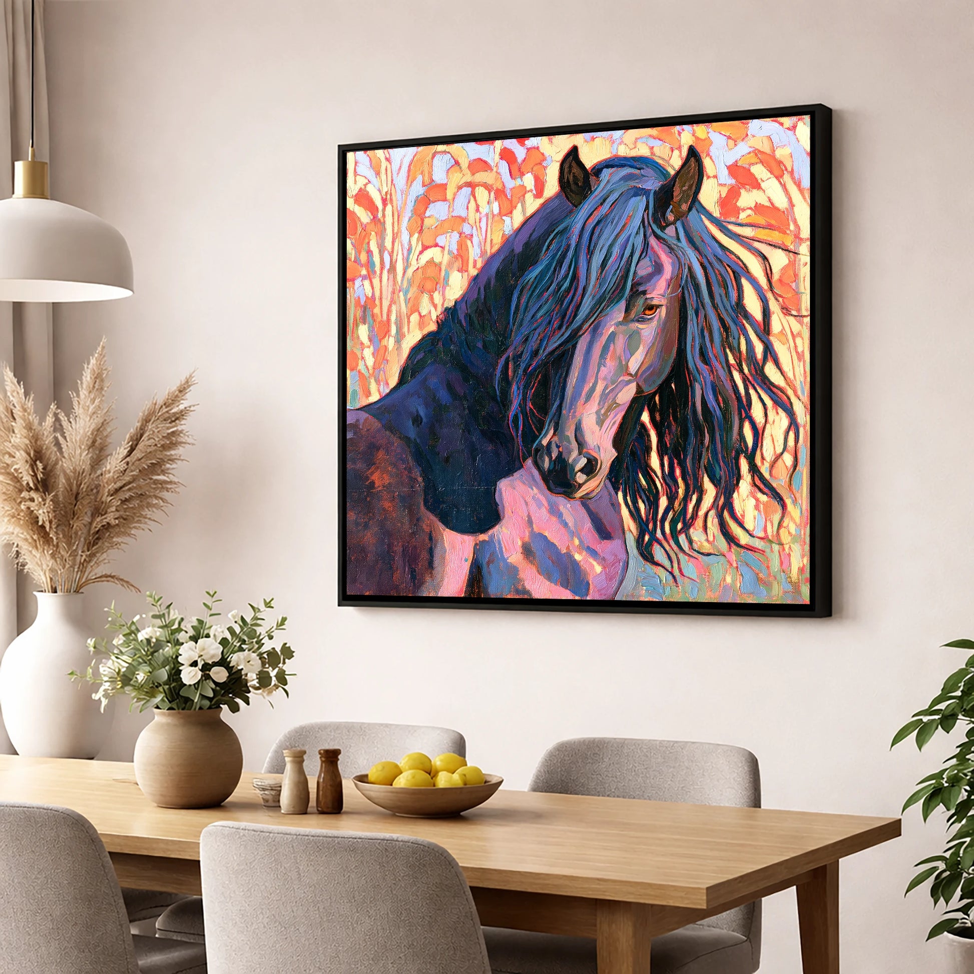 Colourful Friesian Horse Portrait horse breed wall art displayed in a dining room