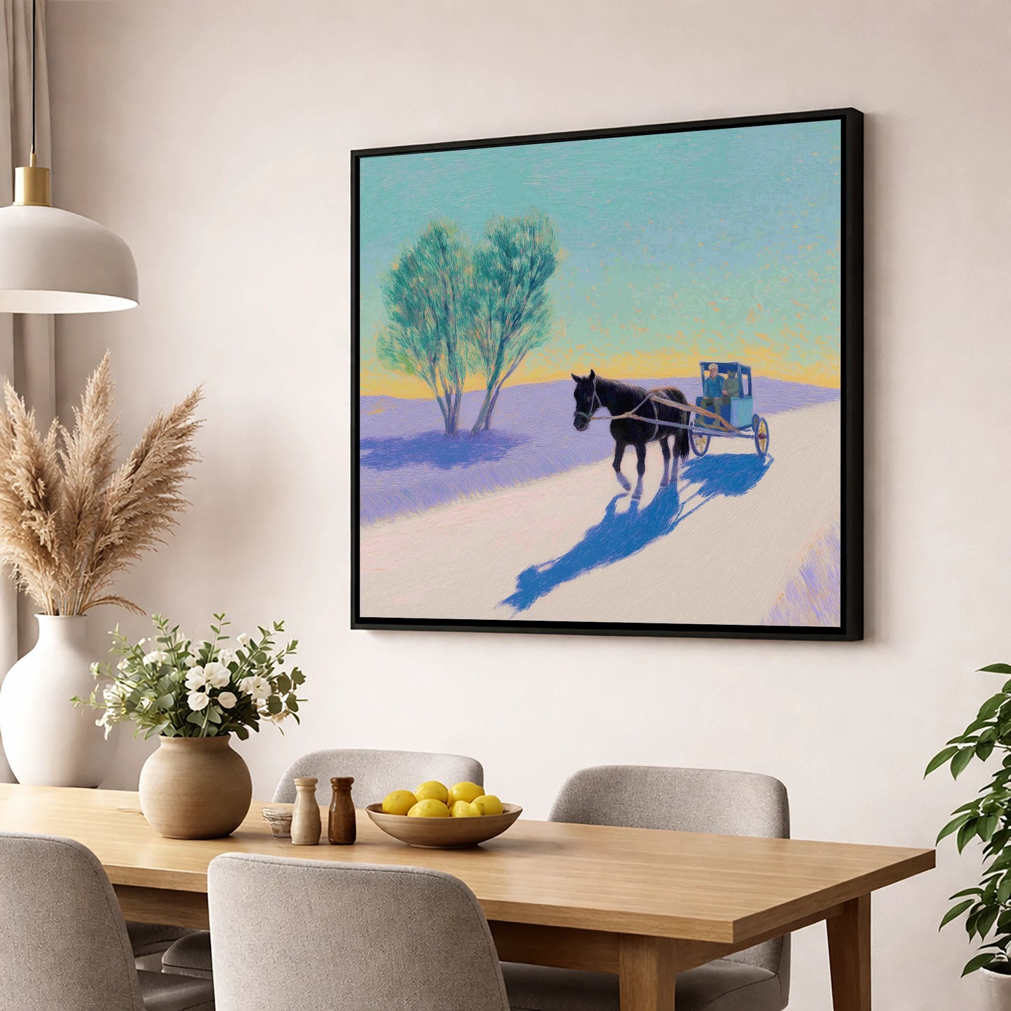Journey in Lavender Light working horse wall art displayed in a dining room