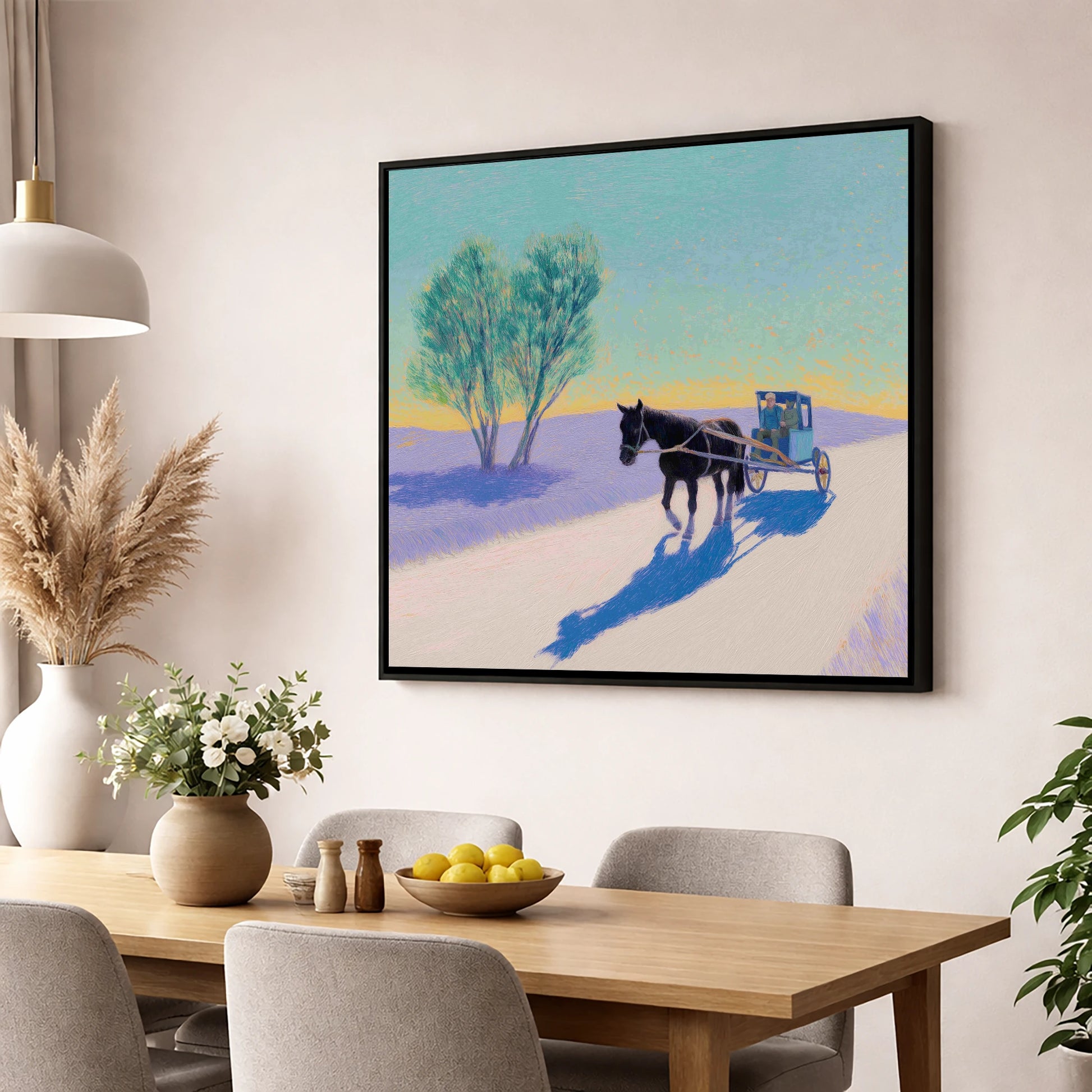 Journey in Lavender Light working horse wall art displayed in a dining room