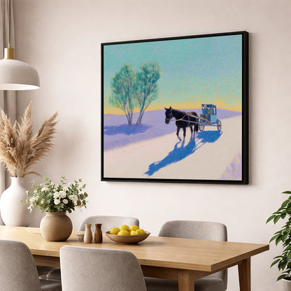 Journey in Lavender Light working horse wall art displayed in a dining room