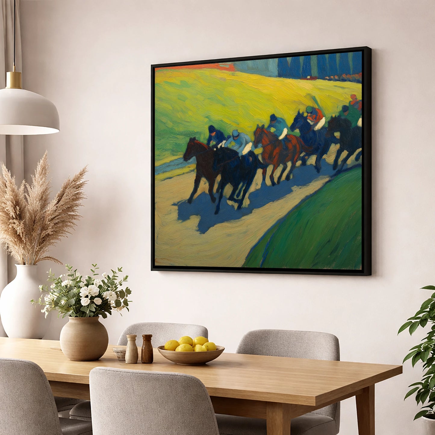 The Final Furlong racing horse wall art displayed in a dining room