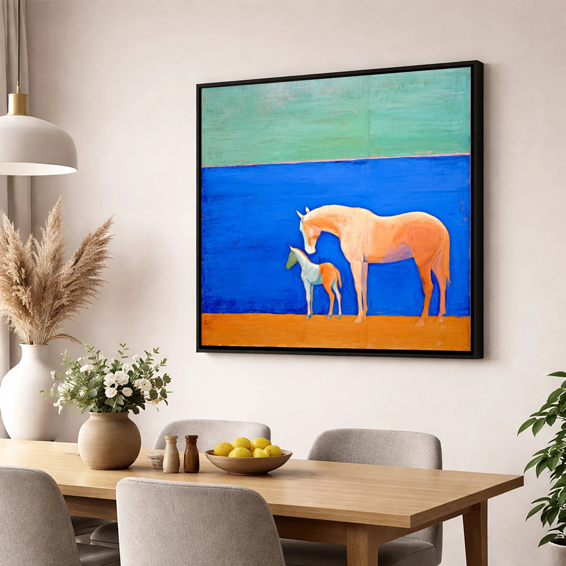 Cobalt Bond mare & foal wall art displayed in a dining room