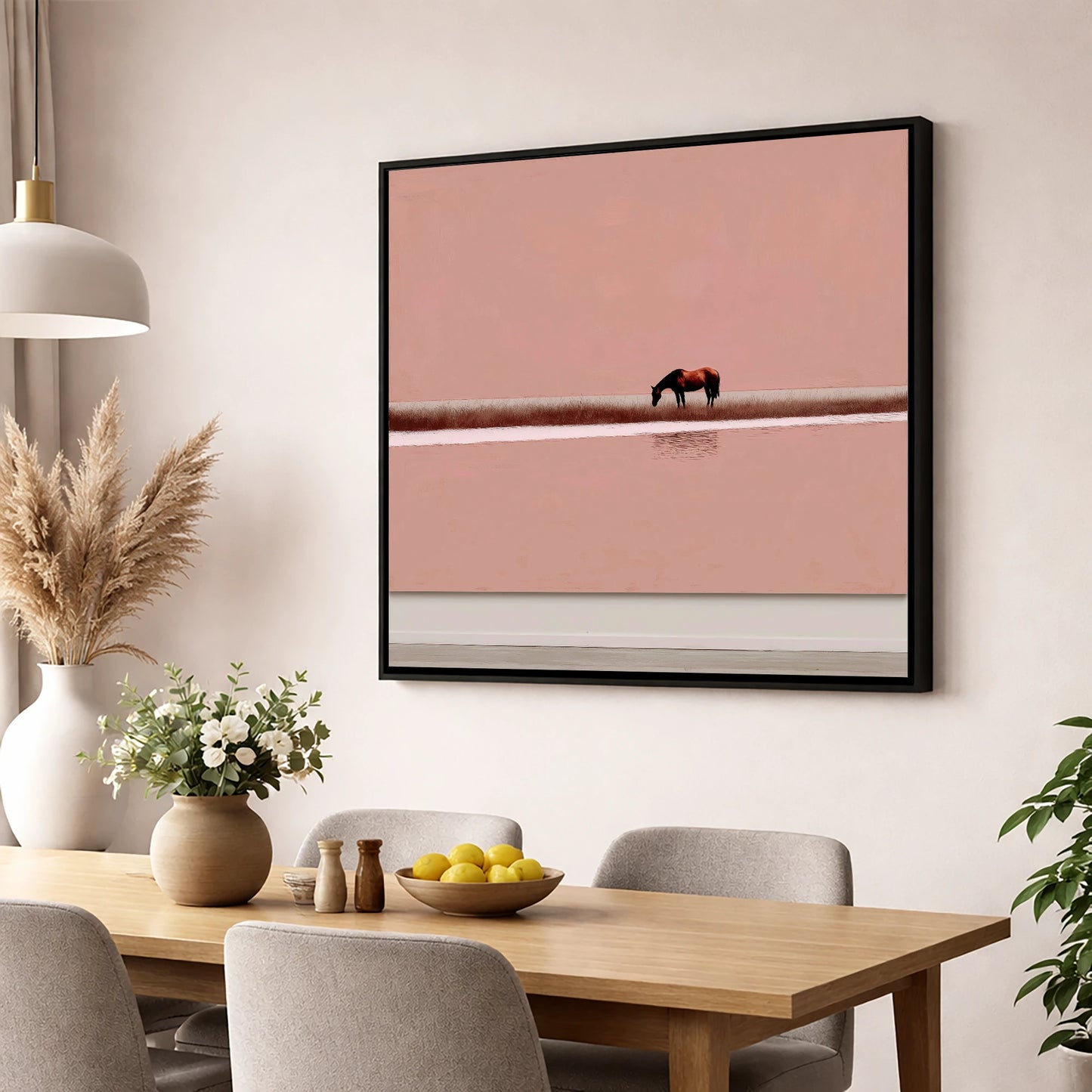 Dusky Rose Horizon horse landscape wall art displayed in a dining room
