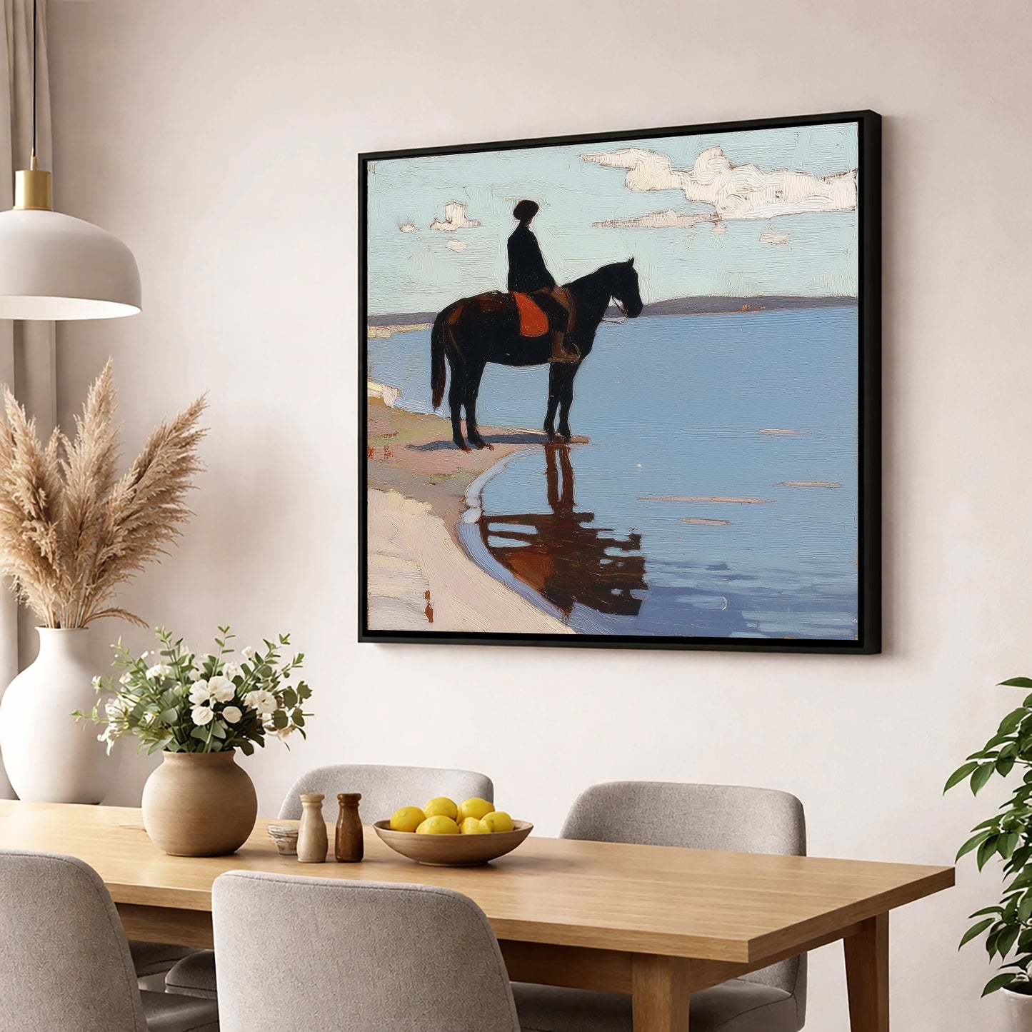 Stillness at the Shore beach horse wall art displayed in a dining room