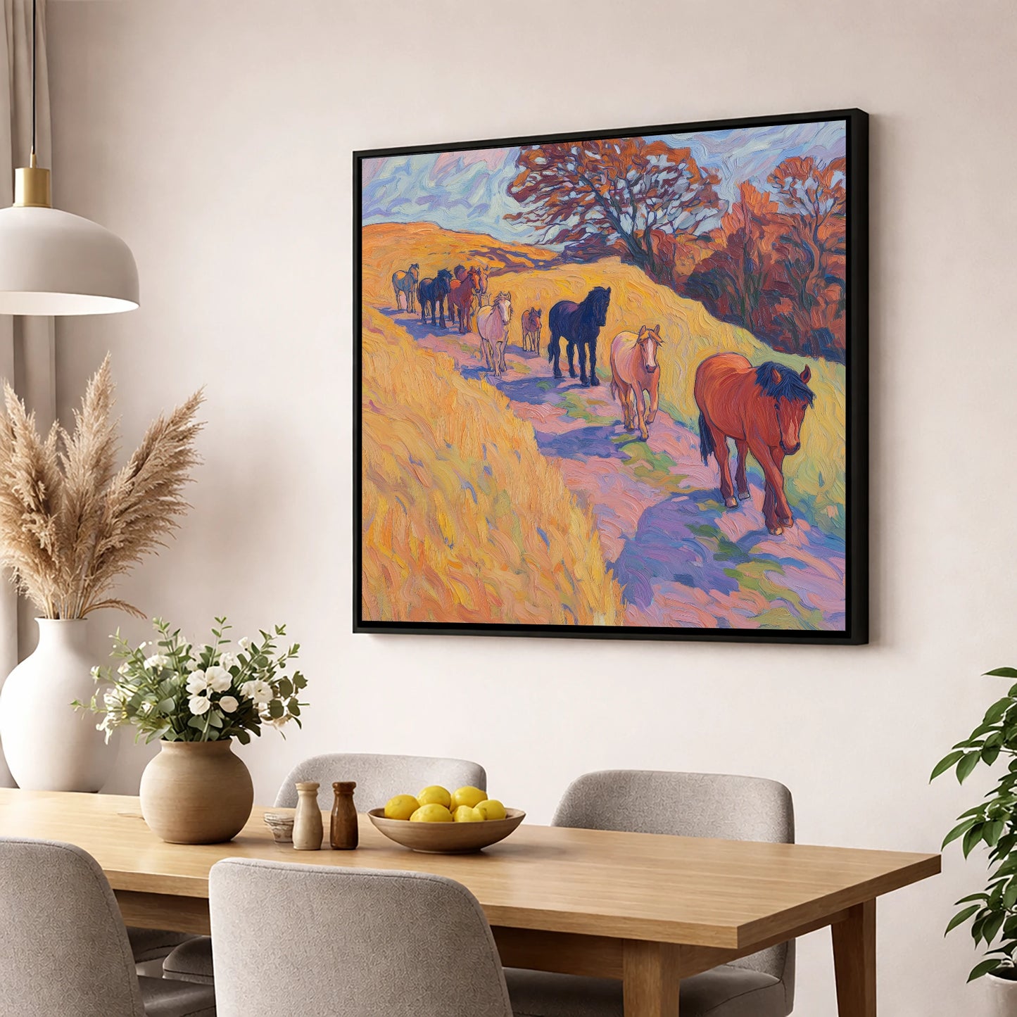 Homeward Bound Herd horse landscape wall art displayed in a dining room