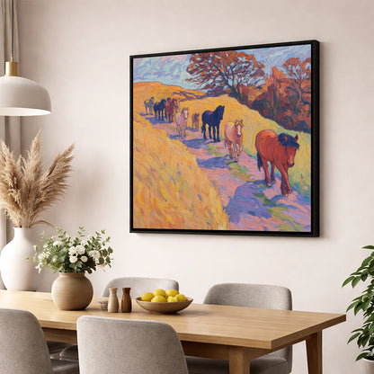 Homeward Bound Herd horse landscape wall art displayed in a dining room