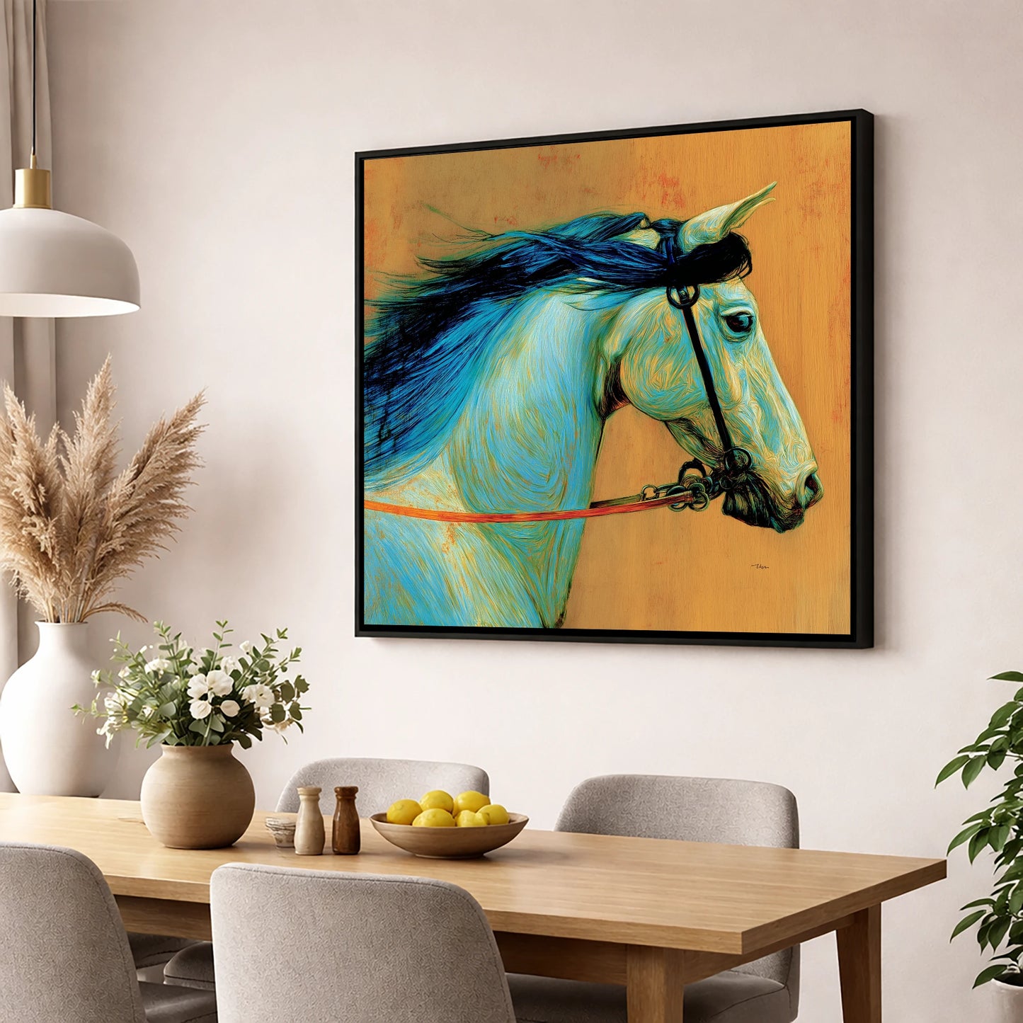 Cerulean Spirit horse portrait wall art displayed in a dining room