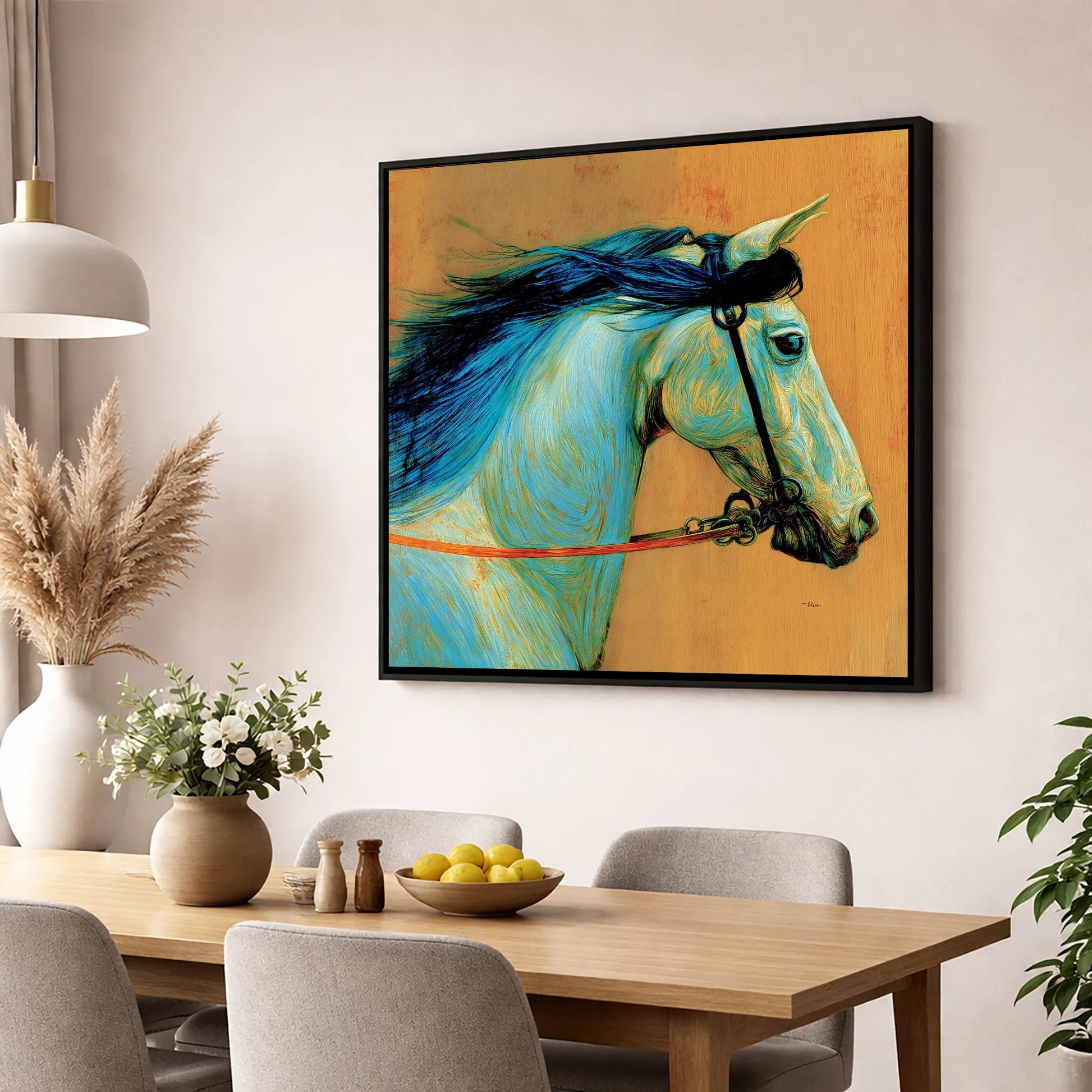 Cerulean Spirit horse portrait wall art displayed in a dining room