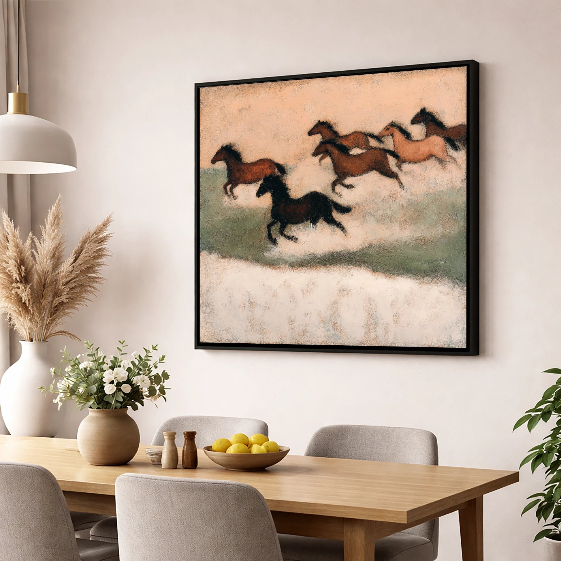 Silhouettes in the Dust wild horses wall art displayed in a dining room
