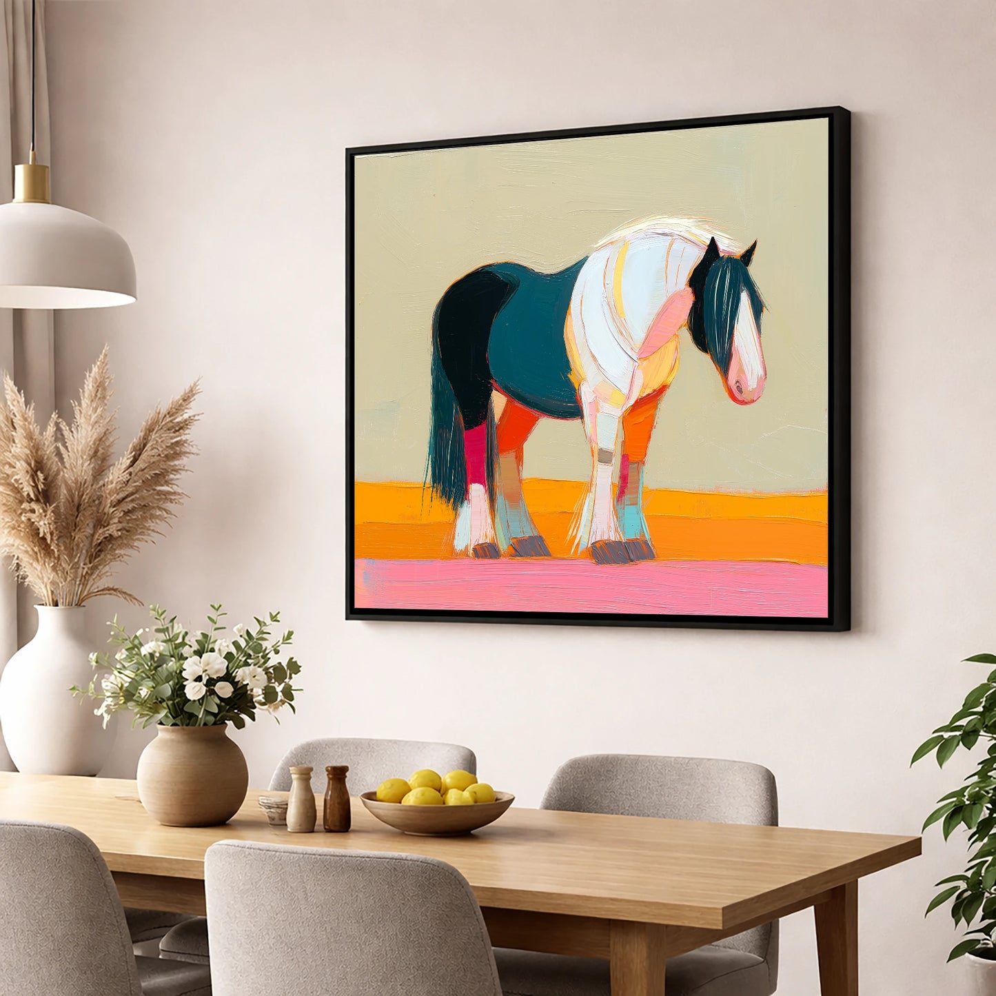 Vivid Spirit of the Cob working horse wall art displayed in a dining room