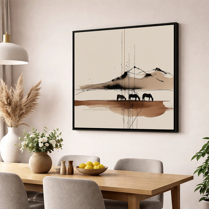 Serene Grazing Horizon horse landscape wall art displayed in a dining room