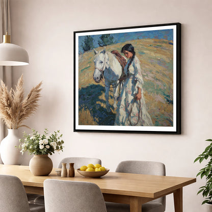 Sunlit Summer Stroll horse & rider wall art displayed in a dining room