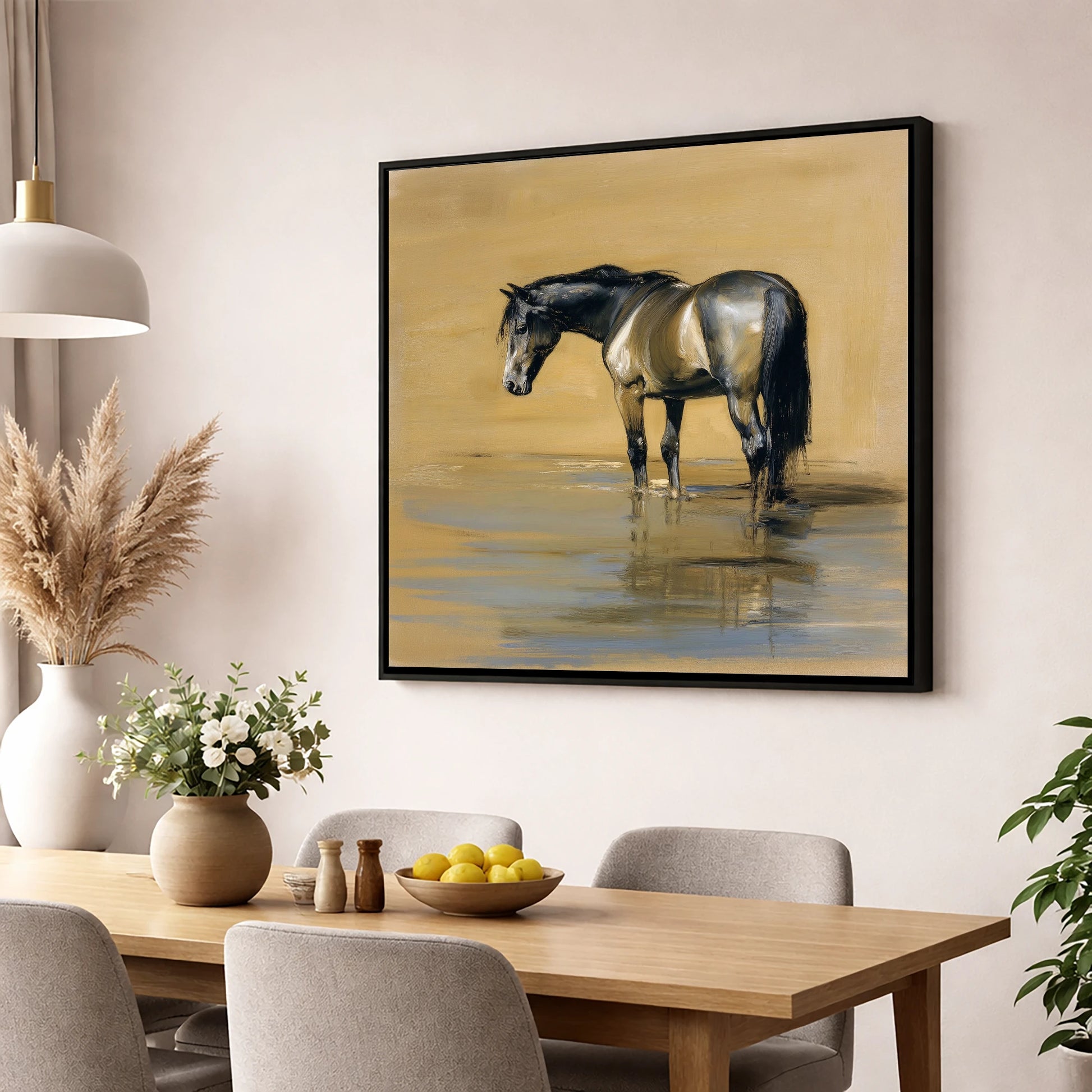 Reflection in Ochre horse portrait wall art displayed in a dining room