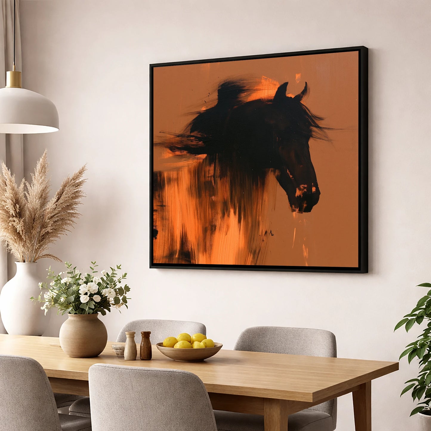 Black Horse Silhouette on Amber horse breed wall art displayed in a dining room