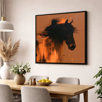 Black Horse Silhouette on Amber horse breed wall art displayed in a dining room