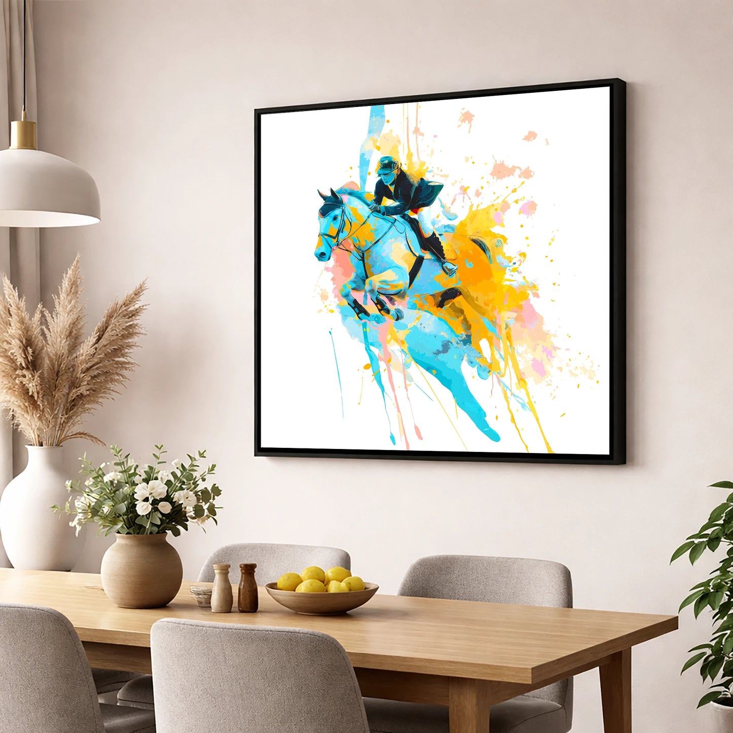 Airborne In Colour show jumping horse wall art displayed in a dining room