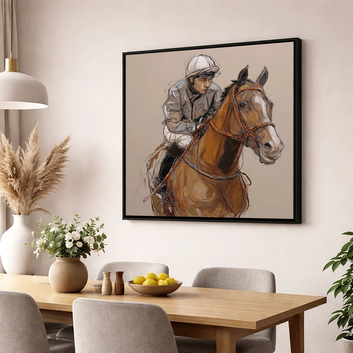 Moments Before the Off racing horse wall art displayed in a dining room