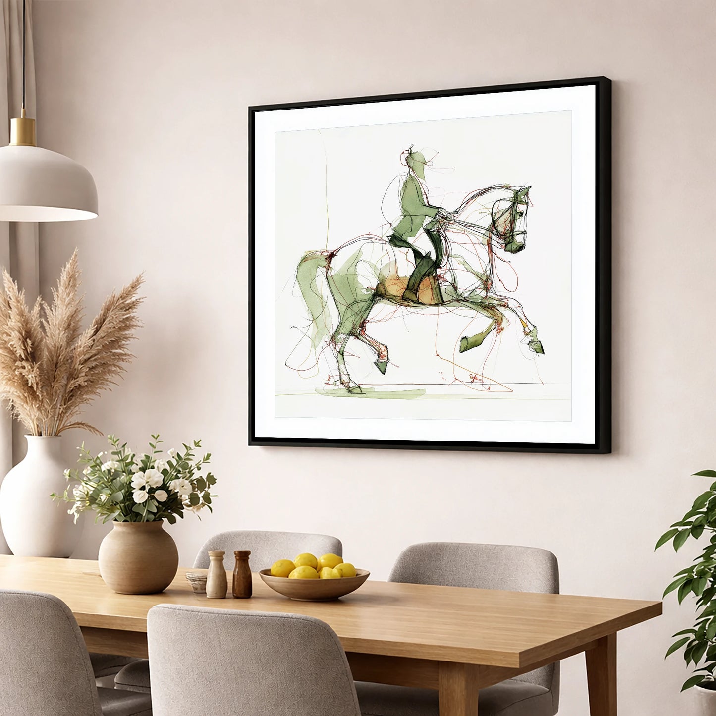 Expressive Dressage dressage horse wall art displayed in a dining room