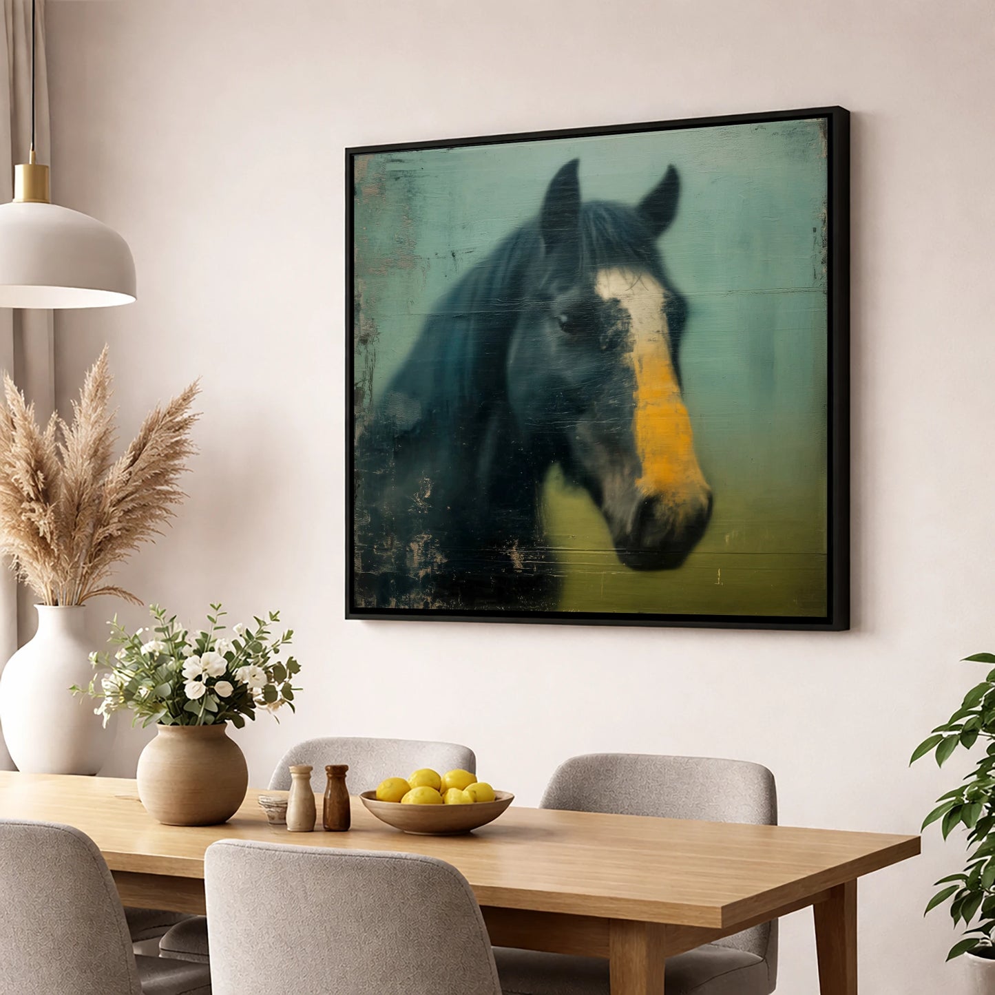 The Golden Blaze horse portrait wall art displayed in a dining room