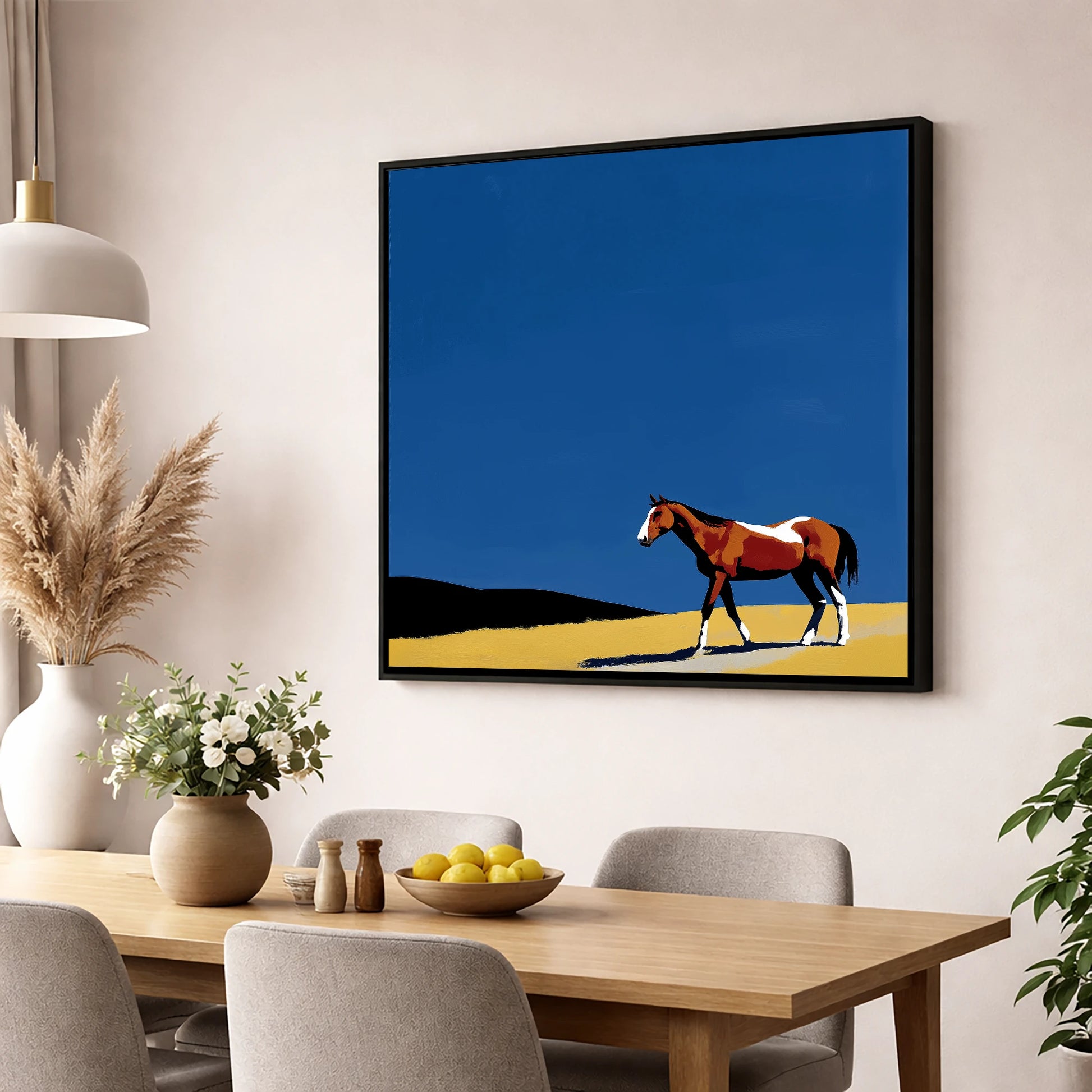 The Cobalt Horizon horse landscape wall art displayed in a dining room