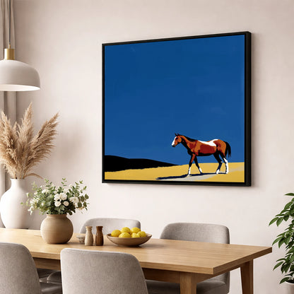 The Cobalt Horizon horse landscape wall art displayed in a dining room