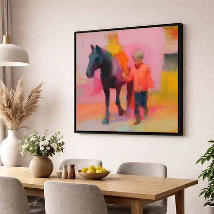 Radiant Companions horse & rider wall art displayed in a dining room