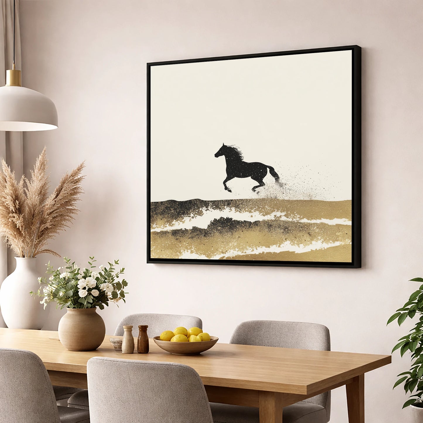 Gilded Coastal Gallop beach horse wall art displayed in a dining room