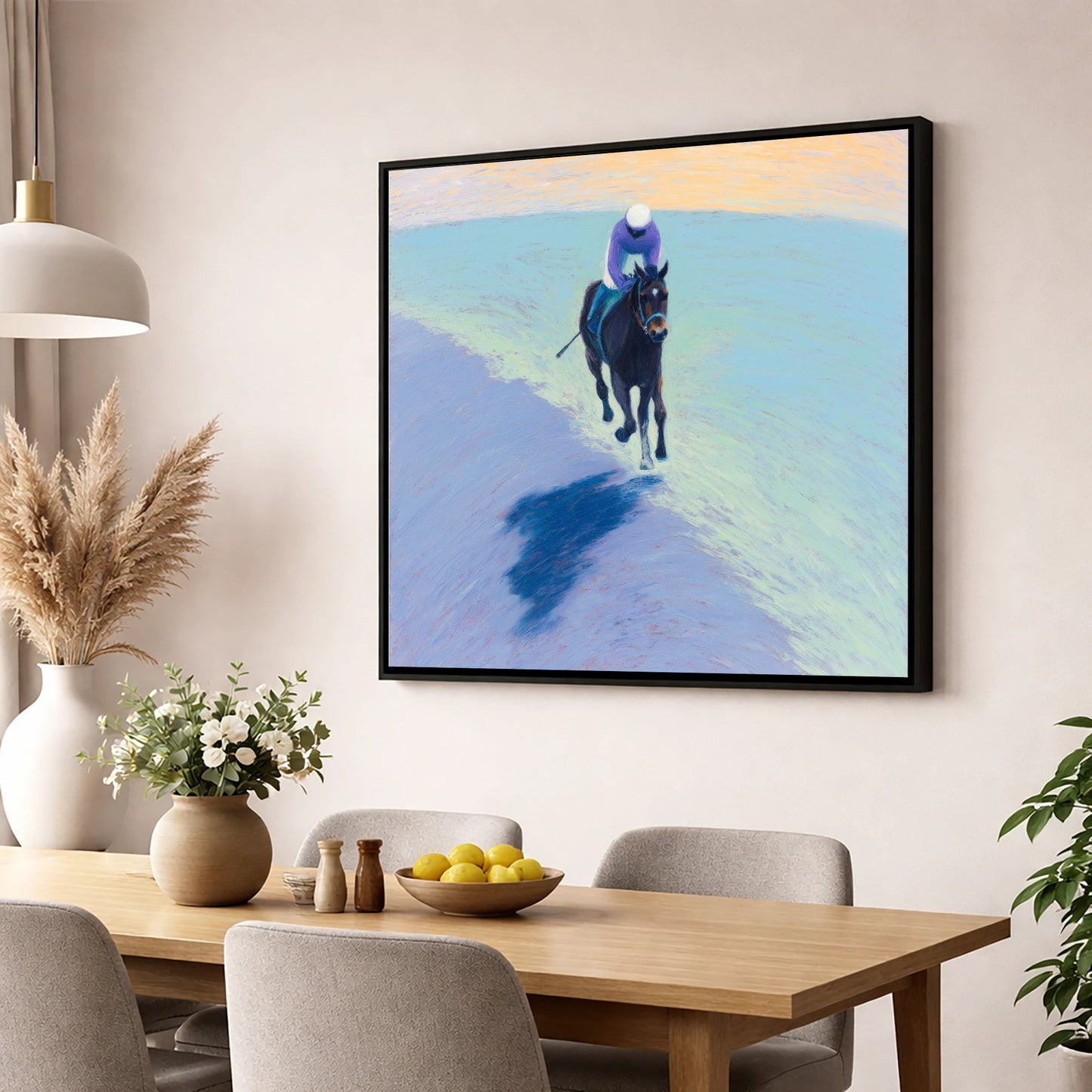 Morning On The Gallops racing horse wall art displayed in a dining room