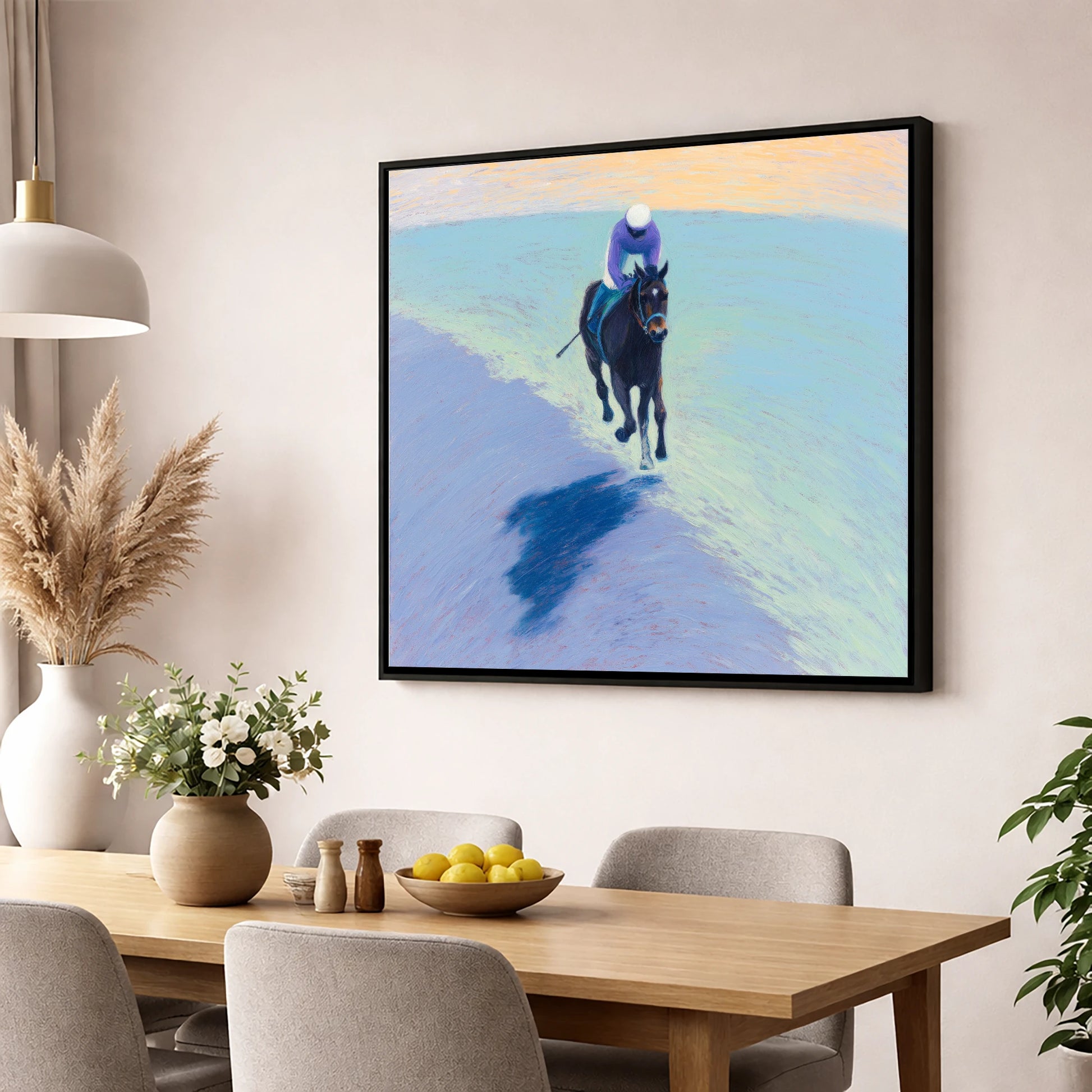 Morning On The Gallops racing horse wall art displayed in a dining room