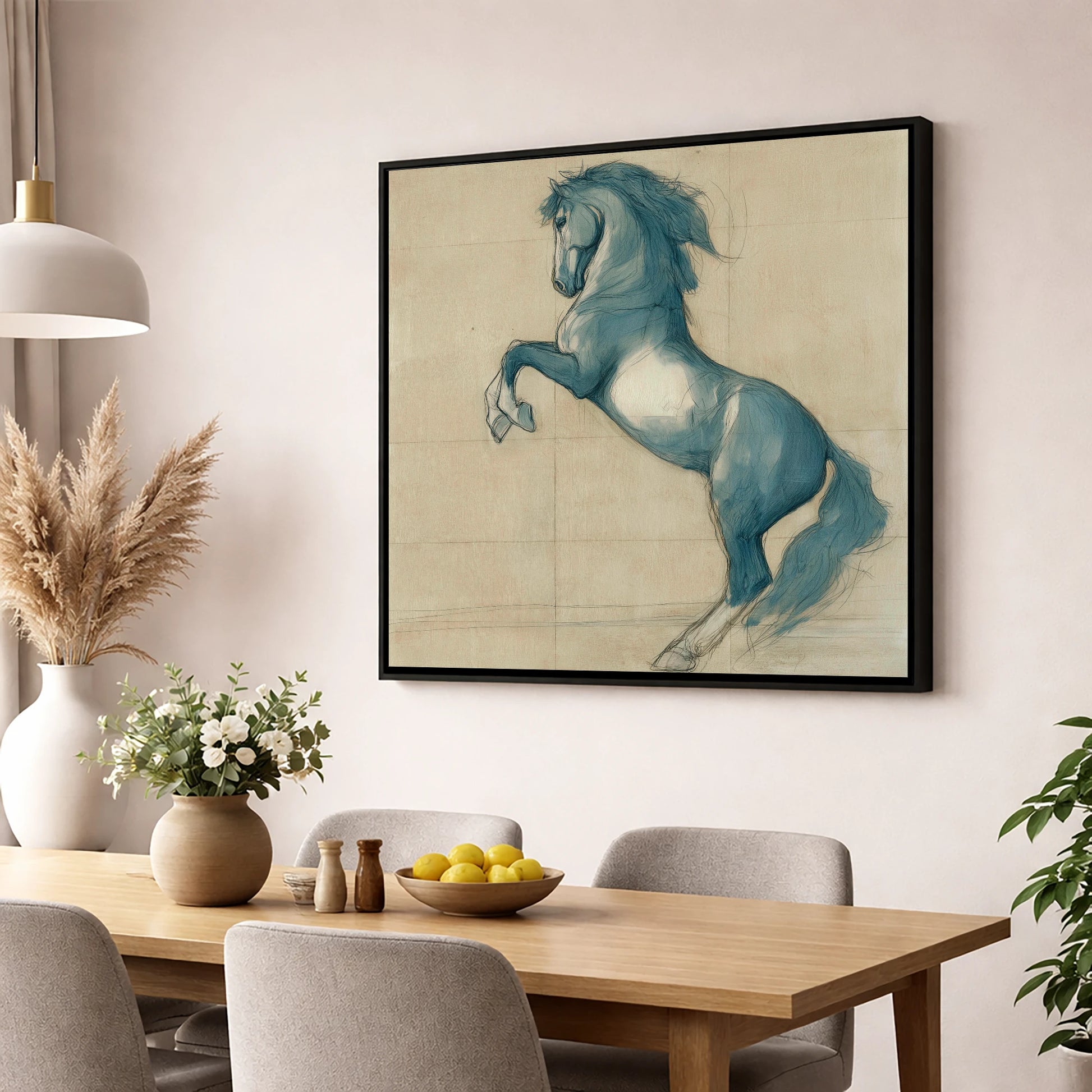 Azure Equine Study horse portrait wall art displayed in a dining room