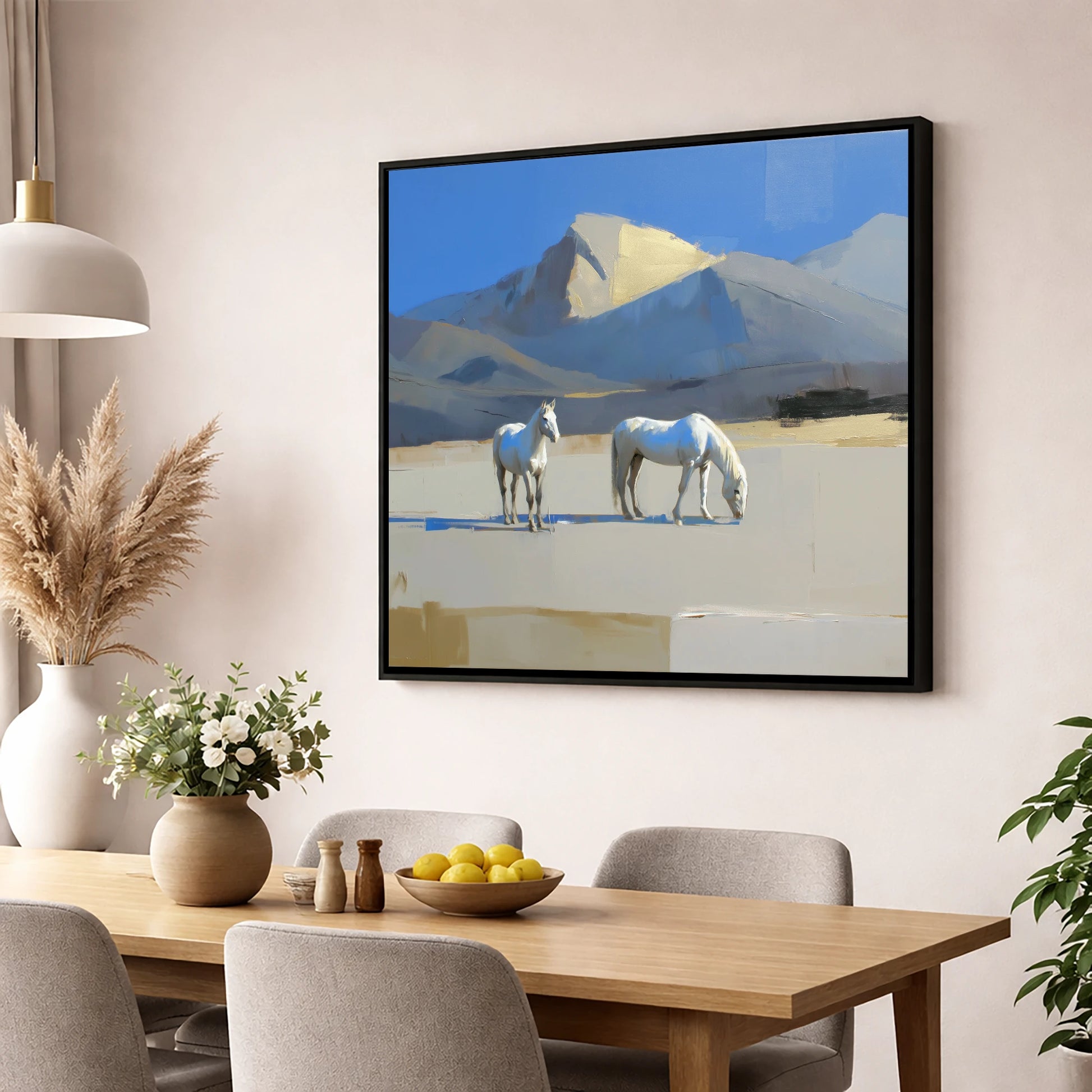 Golden Peak Greys horse landscape wall art displayed in a dining room
