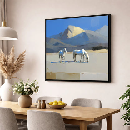 Golden Peak Greys horse landscape wall art displayed in a dining room