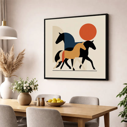 Abstract Equine Trio wild horses wall art displayed in a dining room