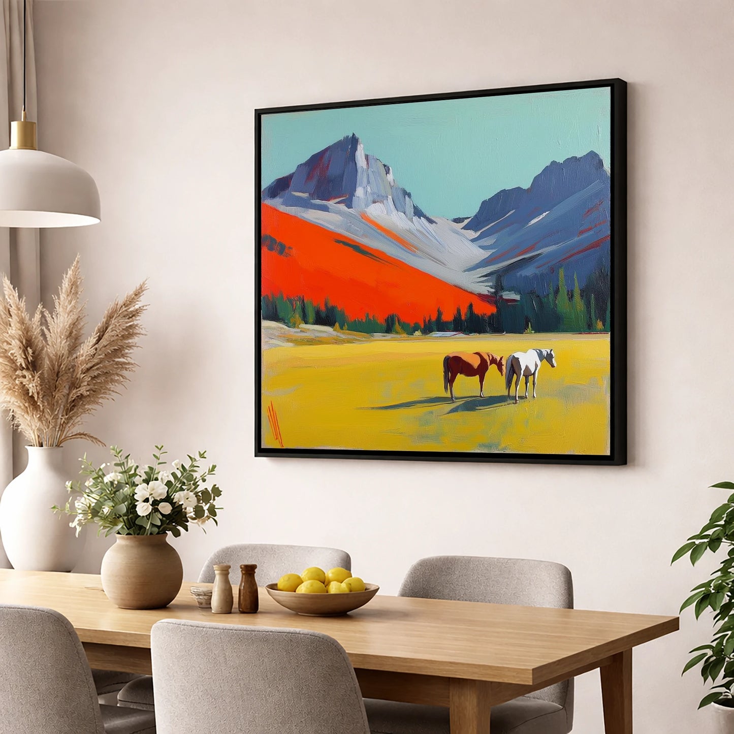 Vivid Mountain Meadow horse landscape wall art displayed in a dining room
