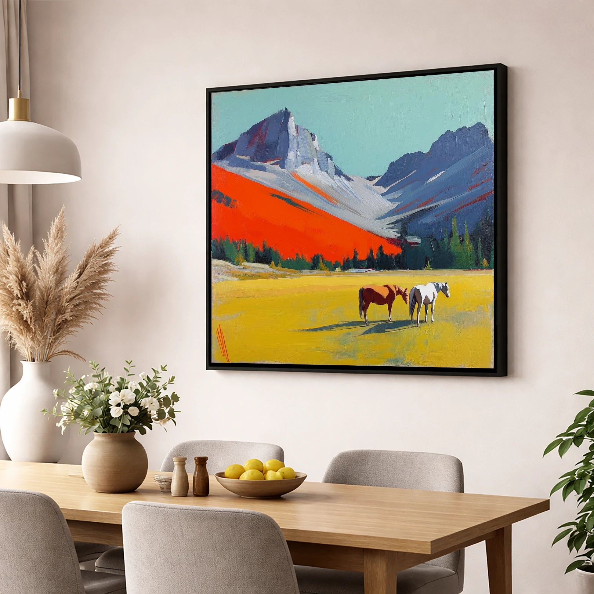 Vivid Mountain Meadow horse landscape wall art displayed in a dining room