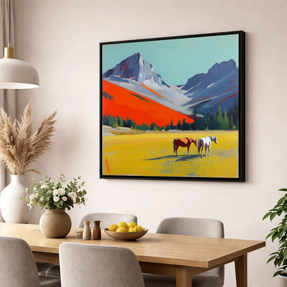 Vivid Mountain Meadow horse landscape wall art displayed in a dining room